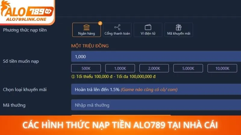 Các hình thức nạp tiền Alo789 tại nhà cái